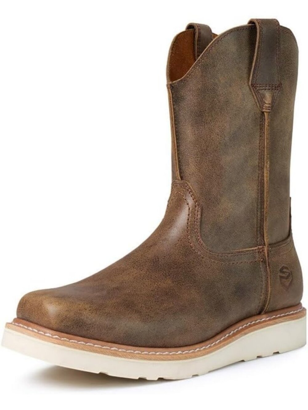 Men's Western Square Toe Pull-On Leather Work Boots | Durable Slip-Resistant